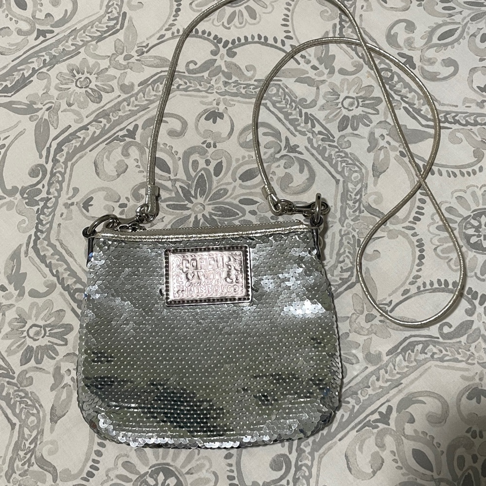 Coach Poppy Sequin Silver Crossbody Purse Small
